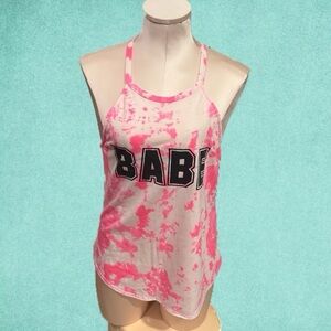 Preloved Pink and White Tie-Dye Tank Top with BABE graphic